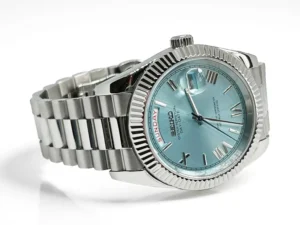Seiko Mod Day-Date Ice‑Blue – left case side close-up
