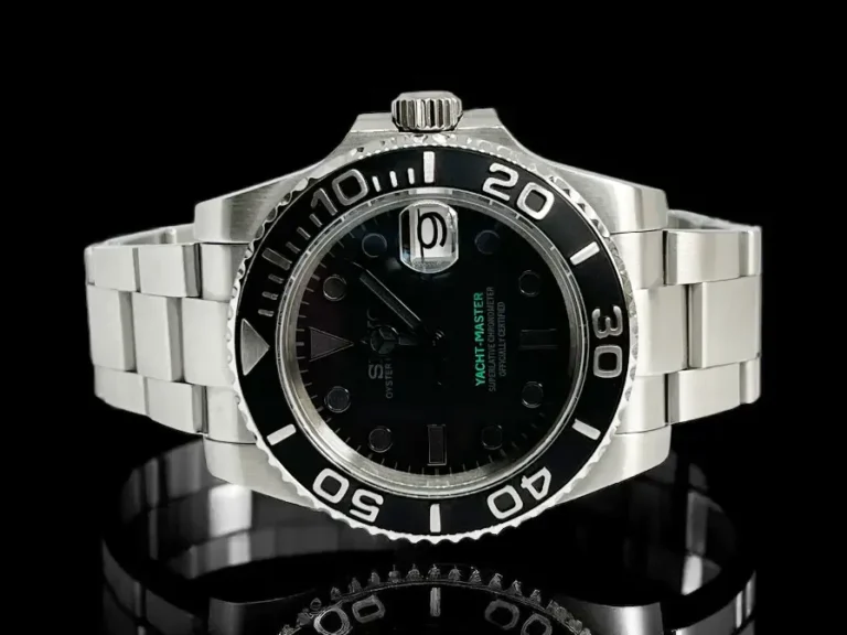 Seiko Mod Yacht-Master Stealth – front view with black dial and bezel